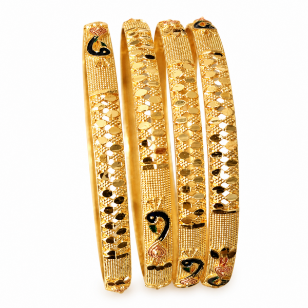 Gold Plated Bangles for Women – Traditional 4-Piece Designer Bangle Set with Peacock & Floral Detailing | Indian Ethnic Wedding Jewellery