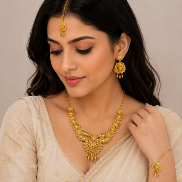 Gold Plated Bridal Necklace Set for Women – Traditional Indian Necklace with Earrings, Maang Tikka & Bracelet | Wedding Jewellery Set