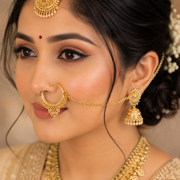 Traditional Gold-Plated Bridal Jewellery Set for Women | Necklace, Earrings, Nath & Bracelet | Indian Wedding Jewellery